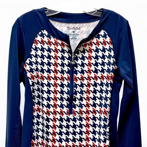 Red and Blue Raglan 3/4 Zip Blouse with Graphic Design - Picture 8 of 14
